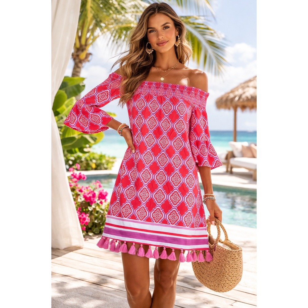 Cabana Life Off Shoulder Dress W Lg Pink New UPF 50+ Tassel  Coastal Vacation